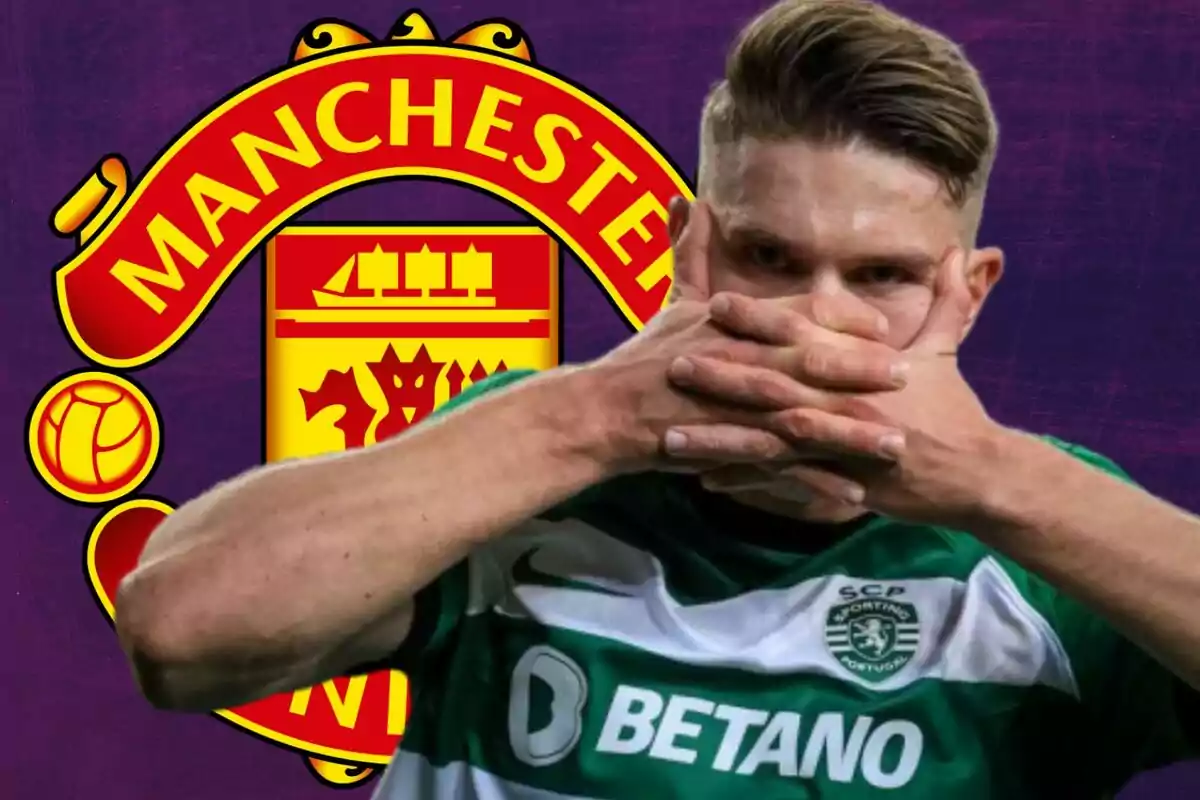 A player wearing the Sporting Lisbon jersey covers his mouth with his hands, with the Manchester United logo in the background.