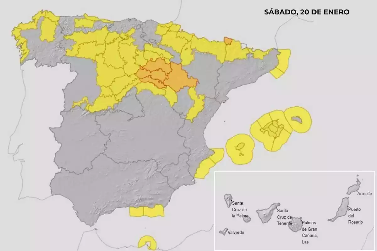 Mapa de España con los avisos del 20 de enero Mapa de España con los avisos del 20 de enero