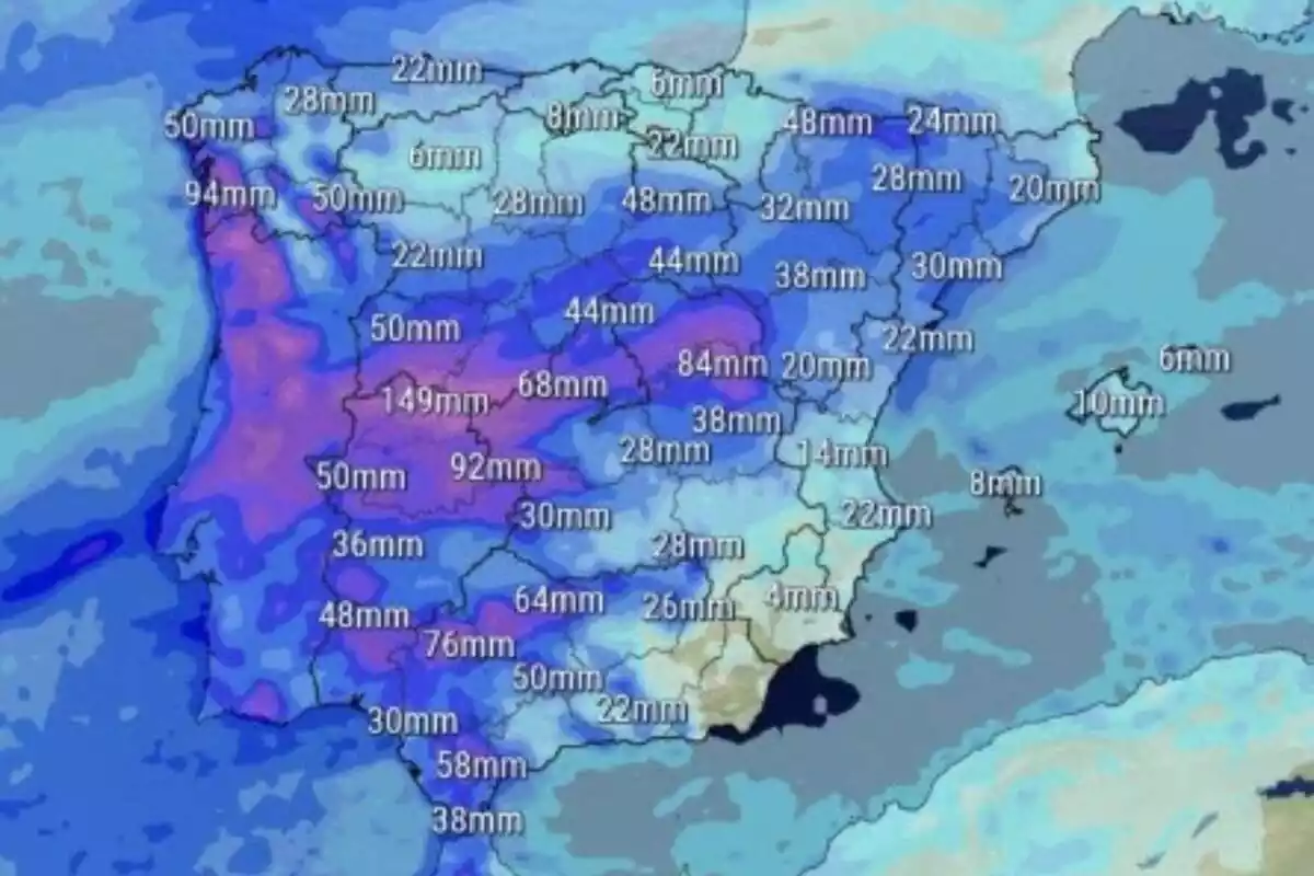 Mapa de España con las lluvias acumuladas el domingo Mapa de España con las lluvias acumuladas el domingo
