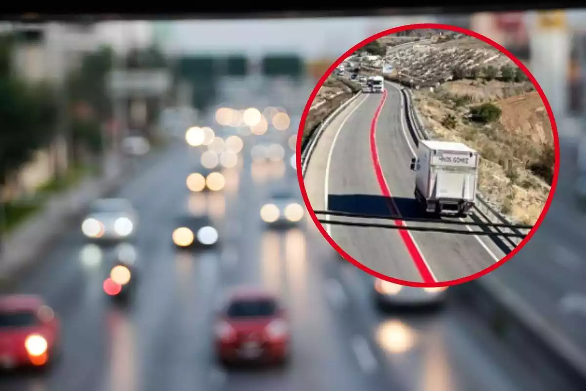 Una carretera al fondo con vehículos, y en el círculo una vía con la línea roja y un camión