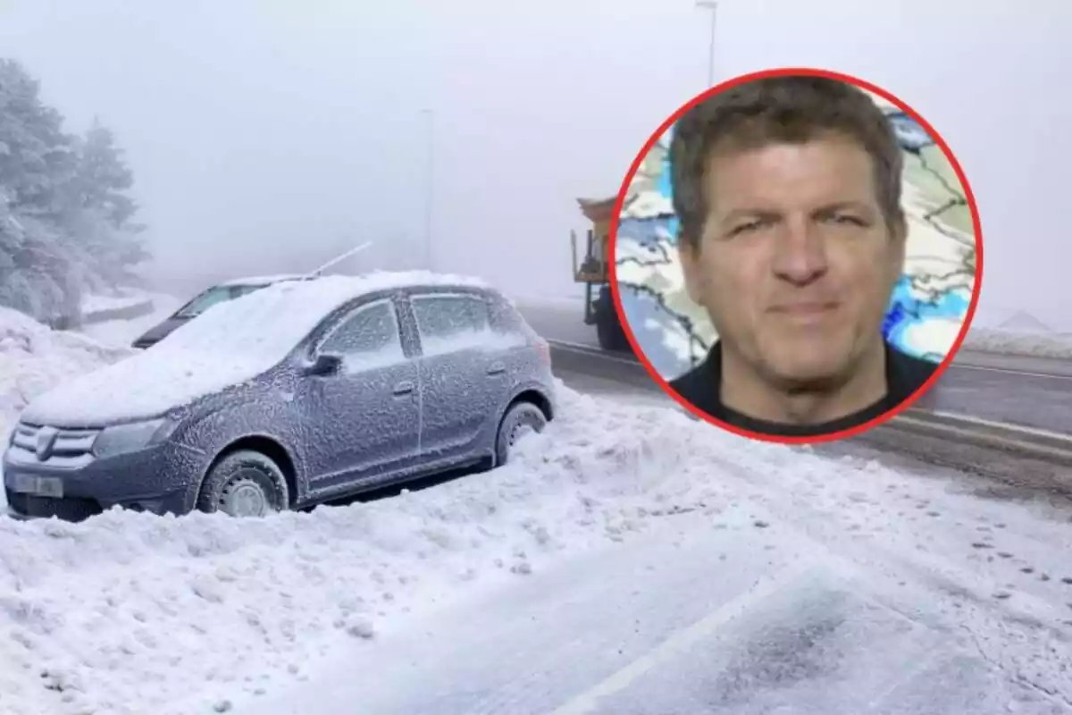 Montaje con un coche atrapado en una carretera nevada y un círculo con la cara de Mario Picazo