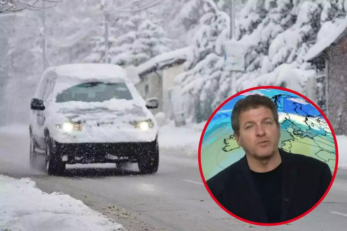 Montaje con una imagen de fondo de un coche lleno de nieve circulando por una carretera de montaña y otra de Mario Picazo