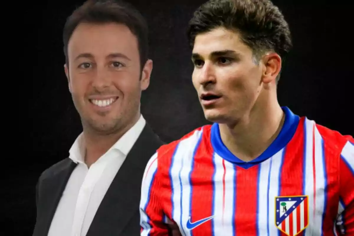 Two men, one in a suit and the other in an Atlético de Madrid soccer jersey, pose together against a dark background.