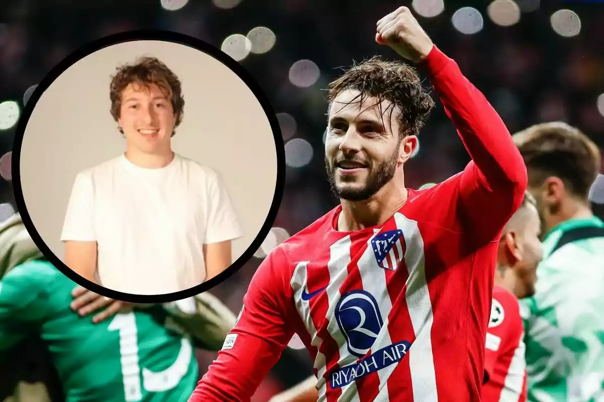 Un jugador de fútbol celebrando con el puño en alto mientras lleva la camiseta del Atlético de Madrid, con una imagen insertada de un joven sonriendo con una camiseta blanca.