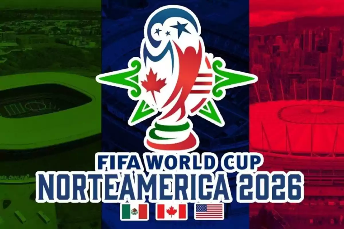 Imagen promocional de la Copa Mundial de la FIFA 2026 en Norteamérica, con los colores y banderas de México, Canadá y Estados Unidos, y un logotipo central que combina elementos de los tres países.