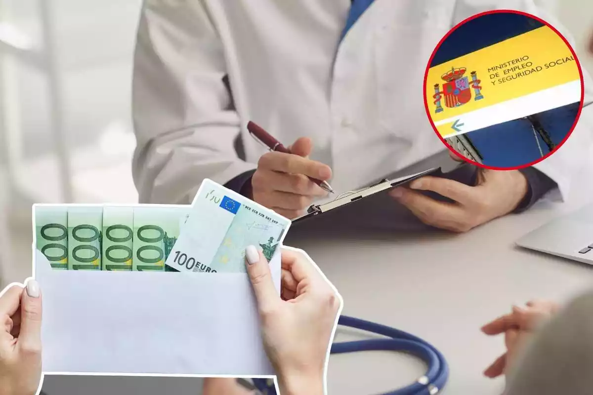 Imagen de fondo de un médico junto a otra de varios billetes de 100 euros en un sobre y otra de un cartel de la Seguridad Social