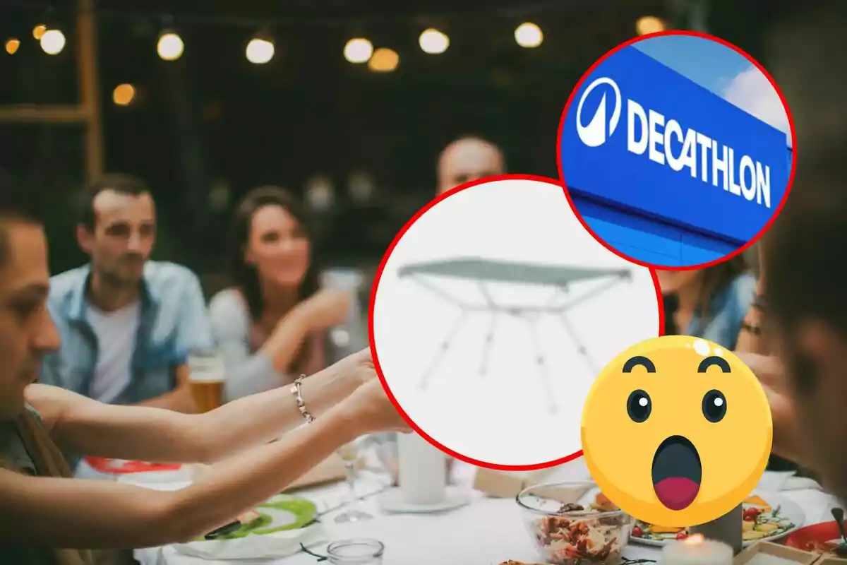 Personas compartiendo una comida al aire libre con un logotipo de tienda y una mesa plegable resaltados en círculos rojos junto a un emoji sorprendido.