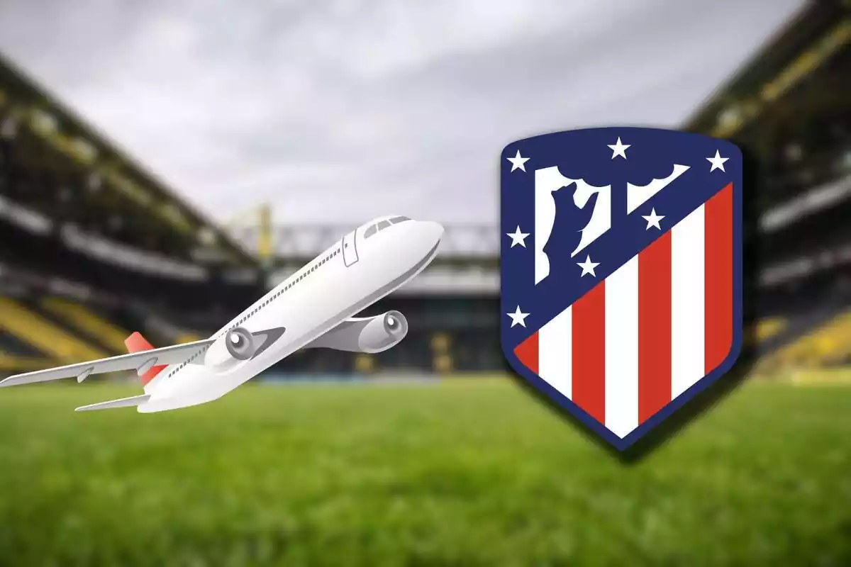Imagen del escudo del Atlético de Madrid en un montaje en el Signal Induna Park y un avión