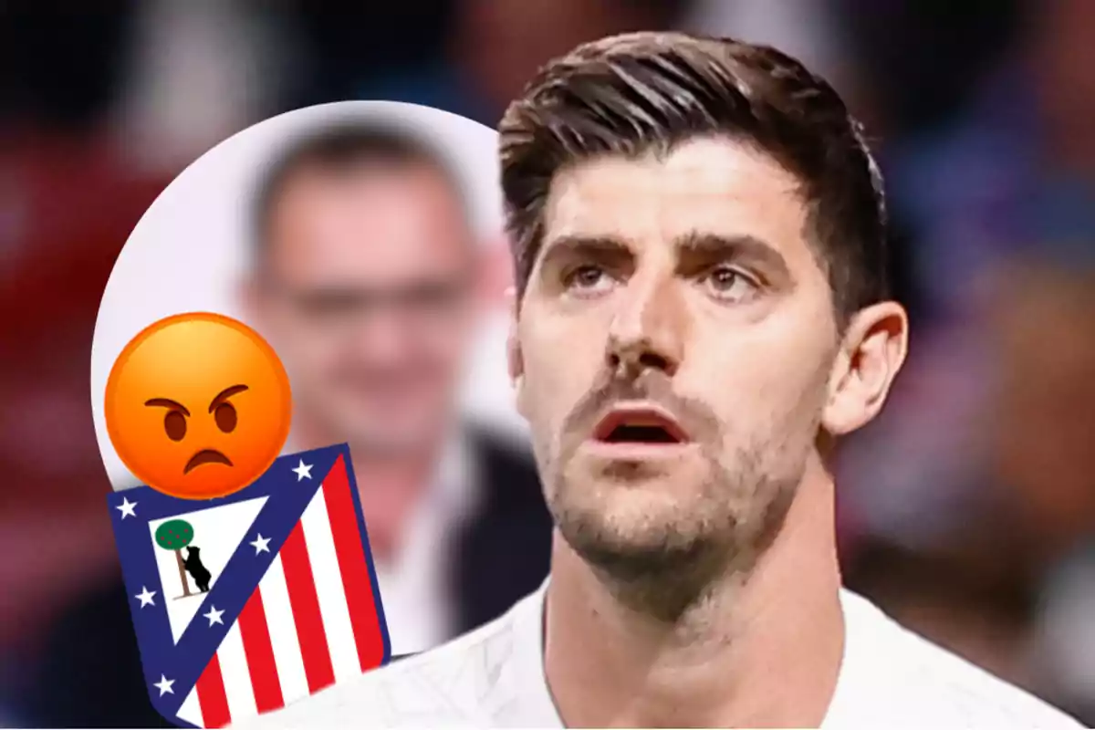 Un hombre con expresión seria en primer plano, con un emoji enojado y el escudo del Atlético de Madrid en el fondo.