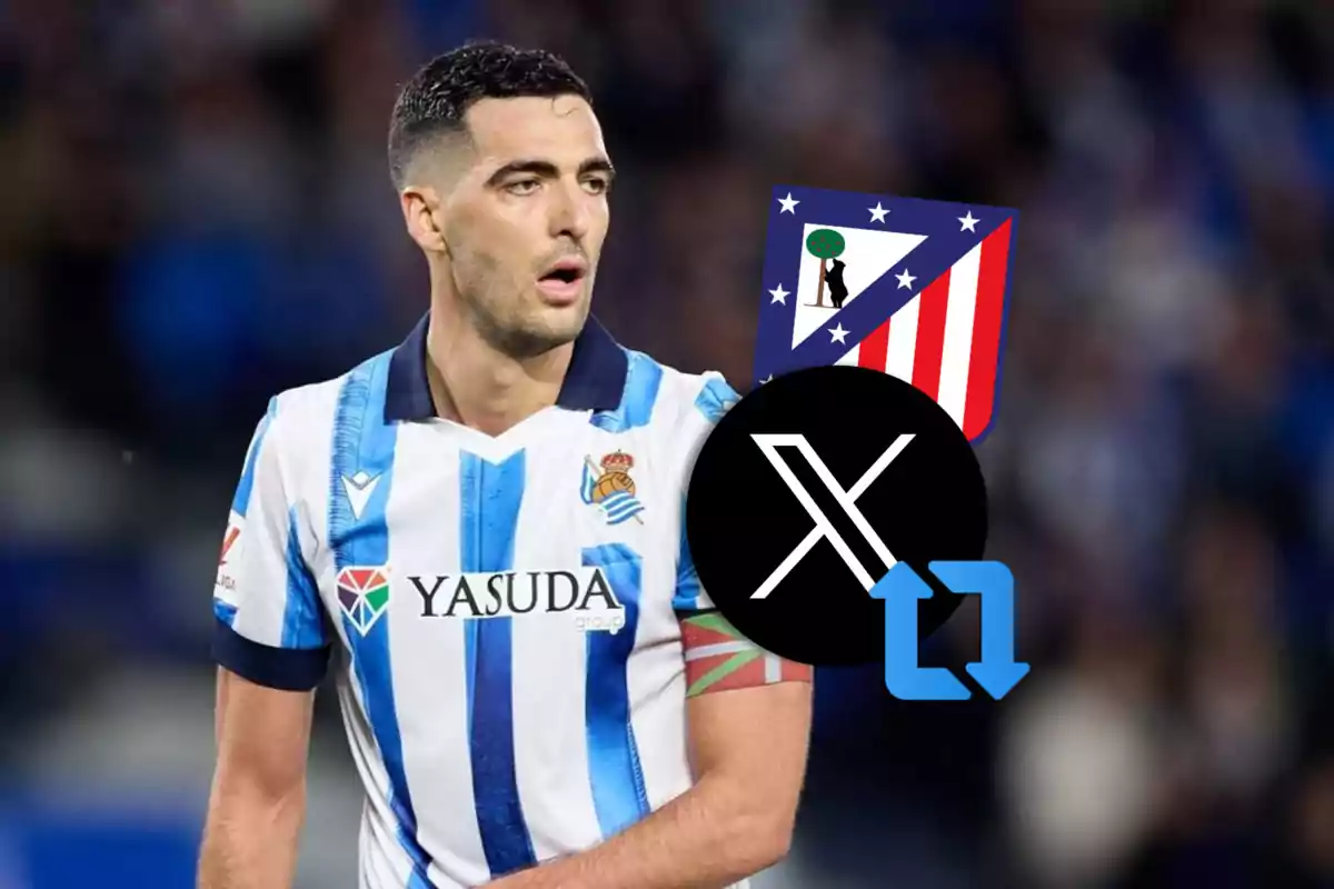 Jugador de fútbol con uniforme de la Real Sociedad, con los logos del Atlético de Madrid y de la red social X superpuestos.