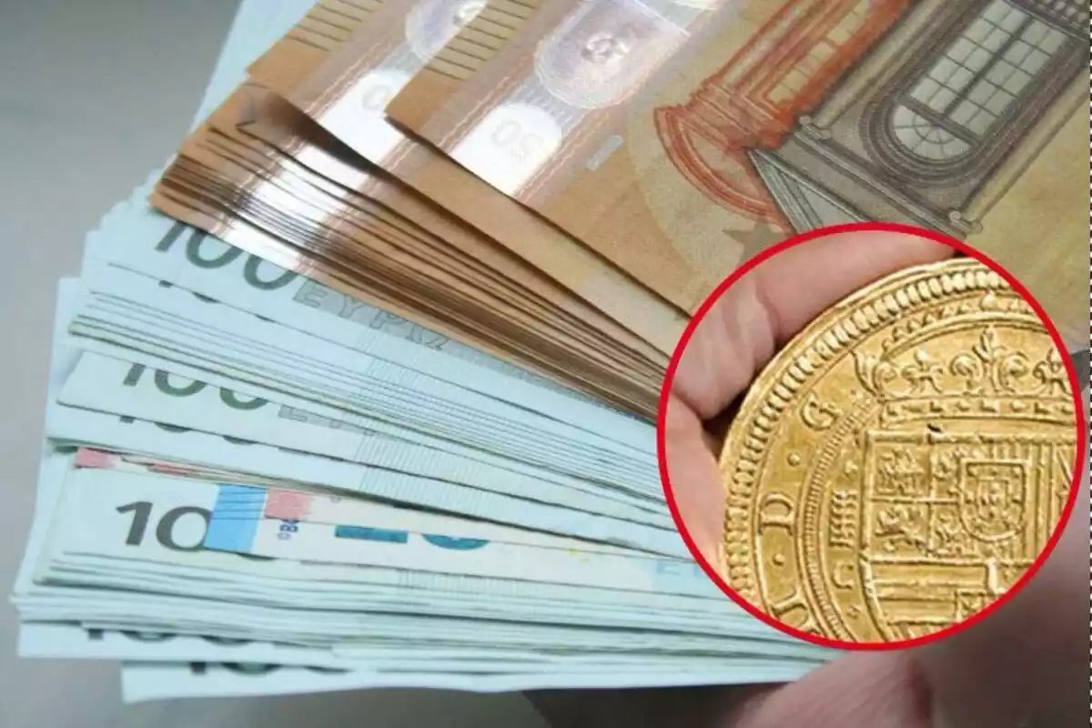 Imagen de fondo de muchos billetes de 100 y de 50 euros y otra imagen de una mano sosteniendo un centén español