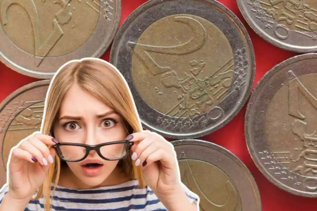 Imagen de fondo de varias monedas de euros y otra imagen de una mujer con gesto de sorpresa