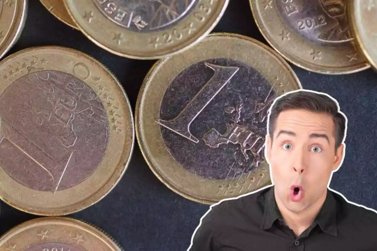Imagen de fondo de varias monedas de un euro y otra imagen de un hombre sorprendido