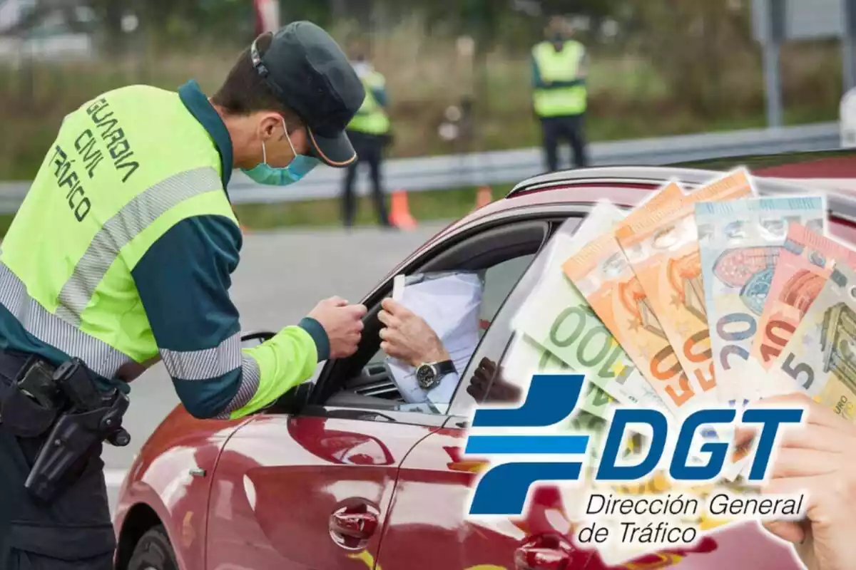 Montaje con un agente de la Guardia Civil de tráfico junto a un conductor dentro de un coche rojo, una mano con varios billetes de euro y el logo de la DGT
