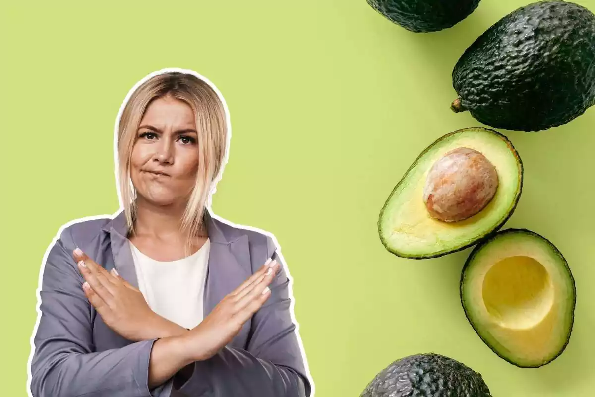 Montaje de un fondo verde con aguacates y encima una mujer haciendo una cruz con las manos