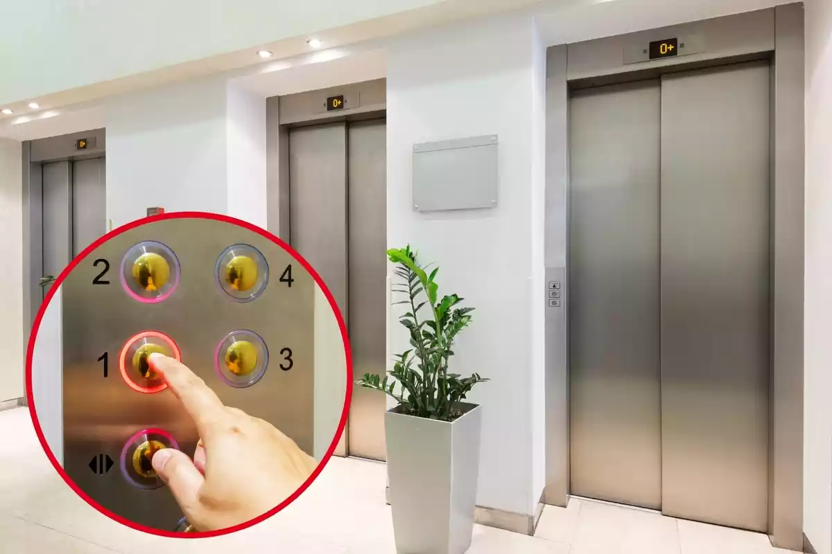 Montaje con tres ascensores en el rellano de un edificio y un círculo con una mano apretando el botón de un ascensor