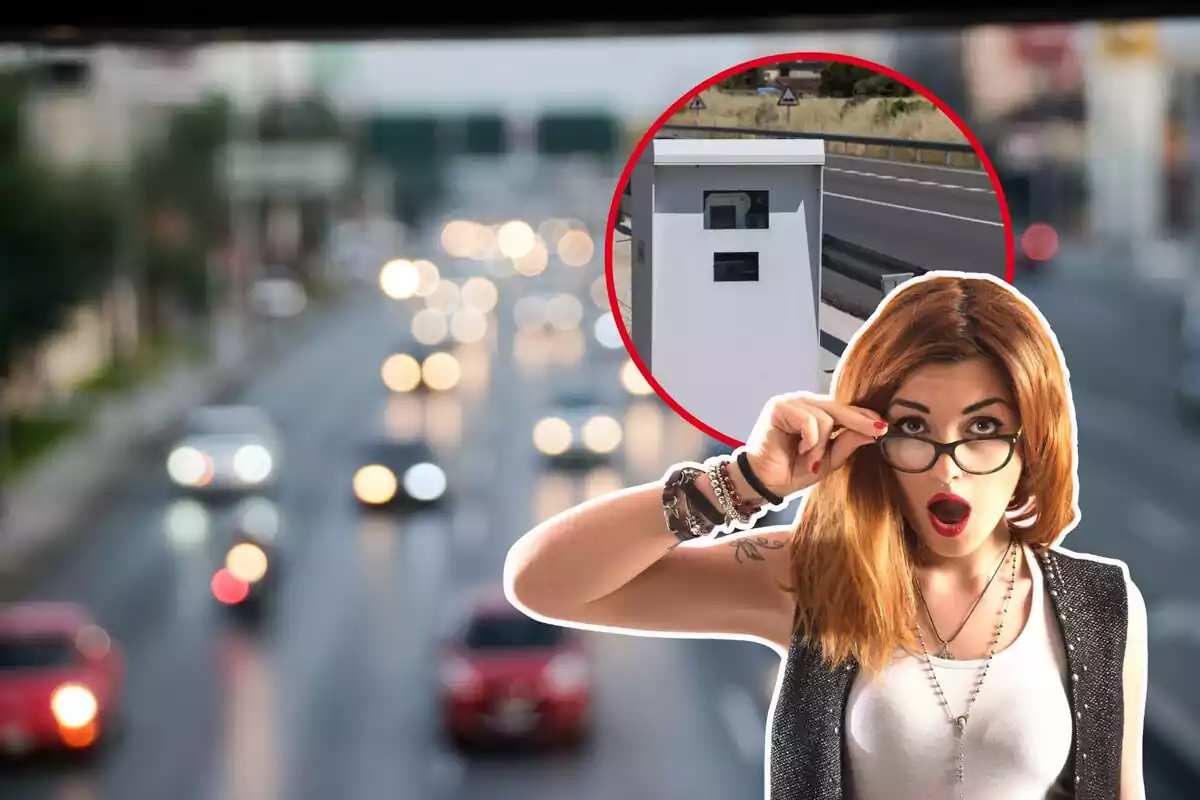 Una carretera difuminada con coches, una chica con cara de sorpresa y en el círculo, un radar Una carretera difuminada con coches, una chica con cara de sorpresa y en el círculo, un radar