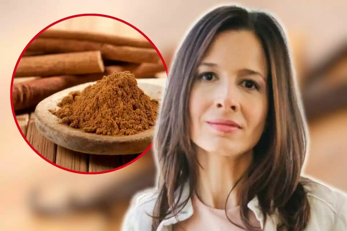 A brown-haired woman standing next to a circle showing cinnamon powder and cinnamon sticks. A brown-haired woman standing next to a circle showing cinnamon powder and cinnamon sticks.