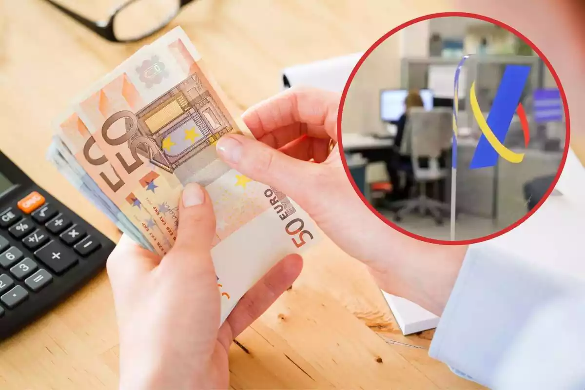 Un hombre maneja billetes de euros, y en el círculo, el logo de Hacienda