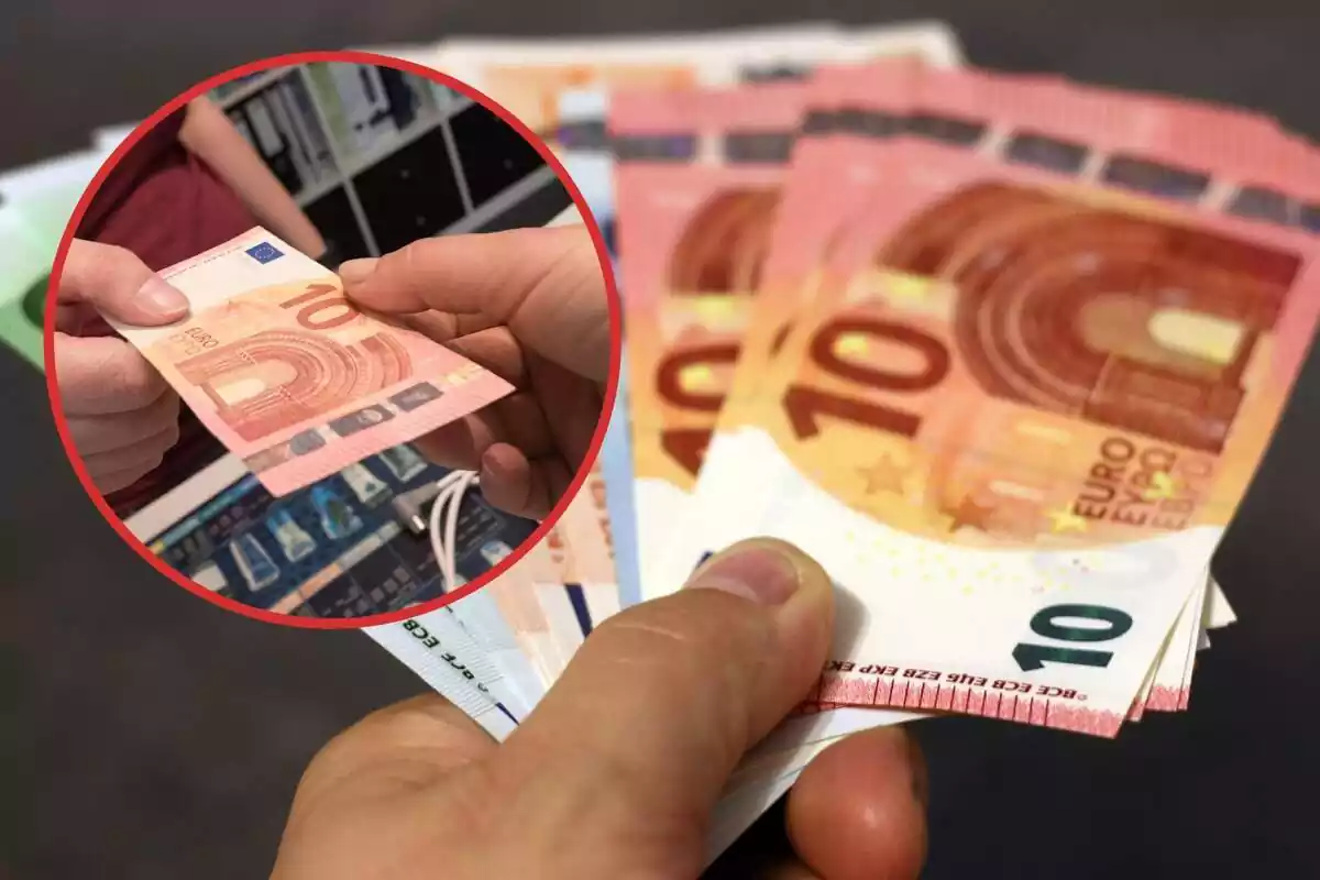 Una persona muestra varios billetes de euro, y en el círculo, un de 10 euros