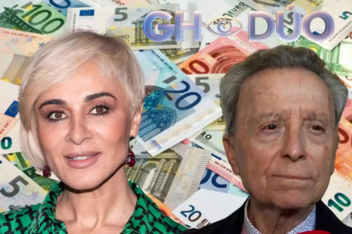 Montaje con billetes de euro al fondo, Ana María Aldón sonriendo, José Ortega Cano serio y el logo de 'GH DÚO'
