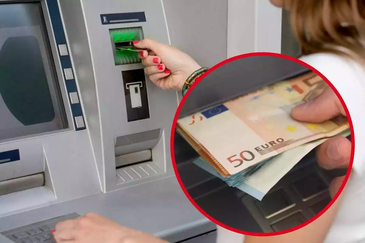 Montaje con una mujer introduciendo su tarjeta de crédito en un cajero automático y un círculo con una mano cogiendo varios billetes de euro