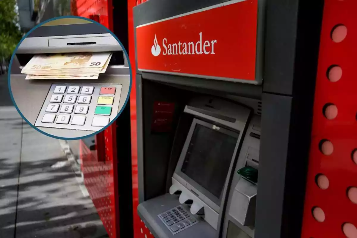 Un cajero del Banco Santander, y en el círculo unos billetes en un cajero