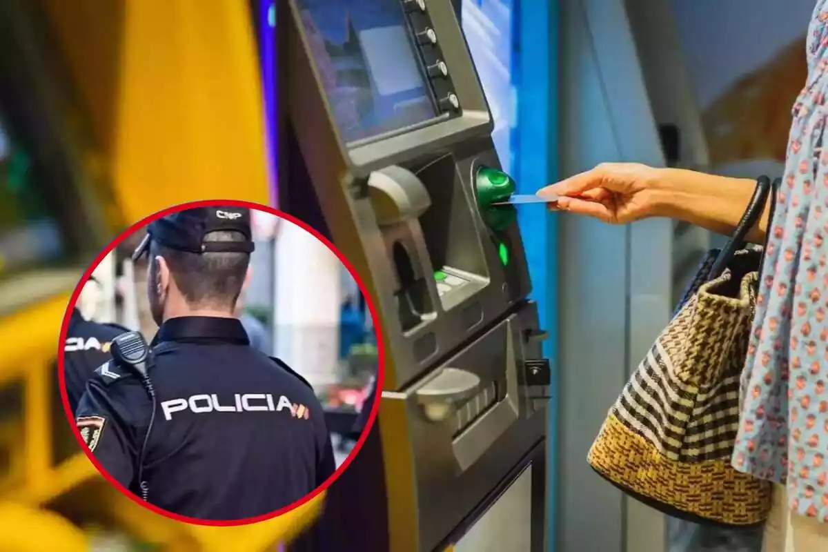 Una mujer opera en un cajero, y en la foto más pequeña, un policía de espaldas