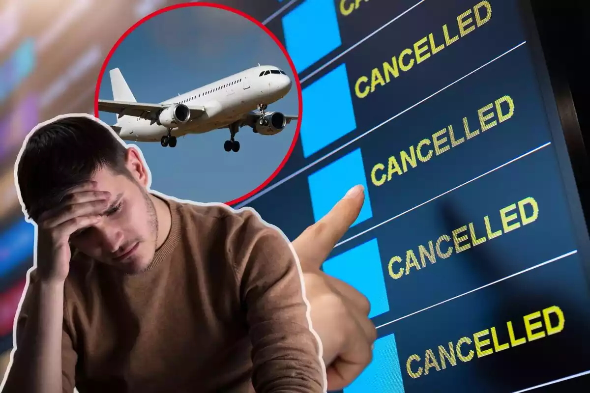 Una persona señala una cancelación en un panel del aeropuerto, con un lamentándose, y en el círculo, un avión en el aire Una persona señala una cancelación en un panel del aeropuerto, con un lamentándose, y en el círculo, un avión en el aire