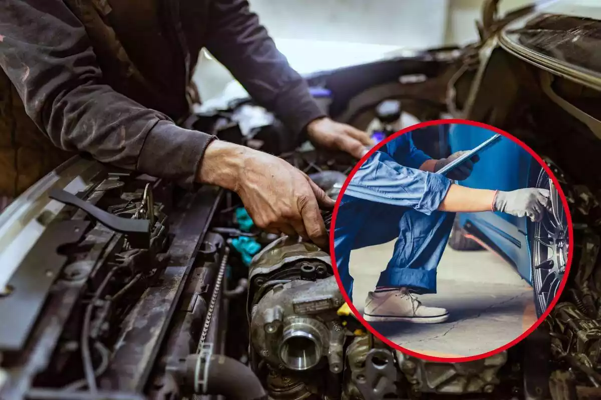Fitting the hood of a car with a mechanic changing a wheel Fitting the hood of a car with a mechanic changing a wheel