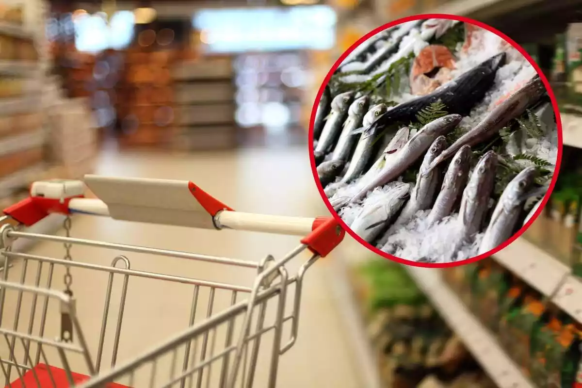 Montaje con un carrito en el pasillo de un supermercado y un círculo con pescado fresco en el mostrador de una pescadería