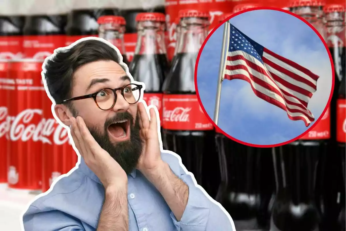 A bearded man with glasses shows an expression of surprise in front of Coca-Cola bottles with a United States flag in a superimposed circle.