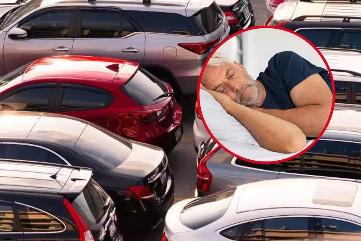 Montaje de varios coches en un parking y un hombre durmiendo