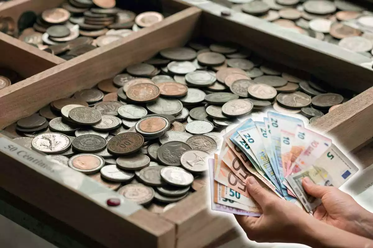 Montaje de colección de monedas y manos cogiendo billetes de euro