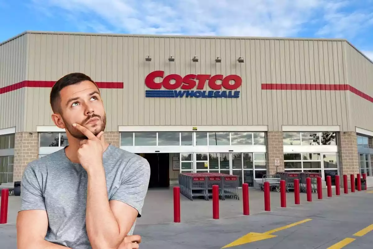 Montaje de un supermercado Costco y un hombre pensativo
