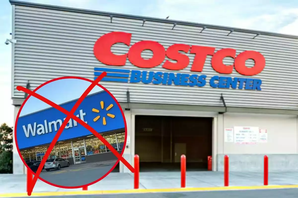 Entrada de un Costco Business Center con un símbolo de prohibición sobre una imagen de Walmart.