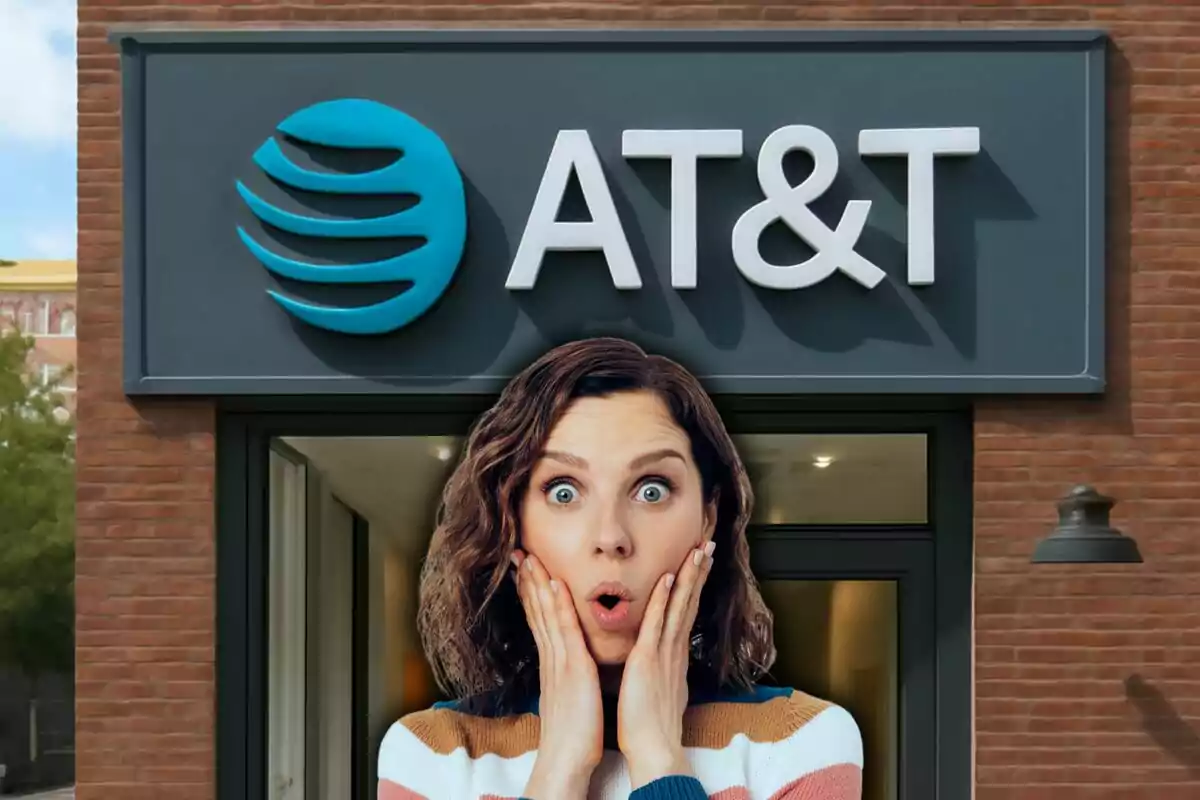 A woman with a surprised expression in front of an AT&T store. A woman with a surprised expression in front of an AT&T store.