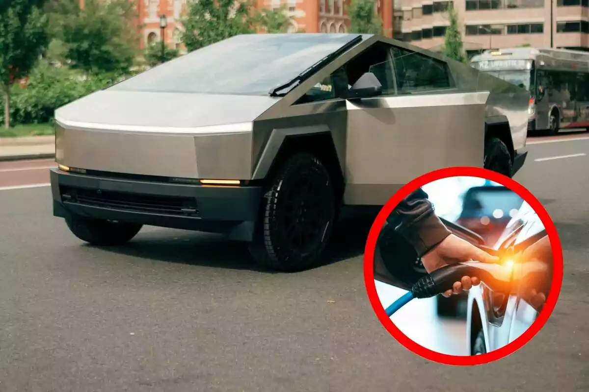 Image of a Cybertruck driving in the city with an inset showing a hand plugging a charger into an electric vehicle. Image of a Cybertruck driving in the city with an inset showing a hand plugging a charger into an electric vehicle.
