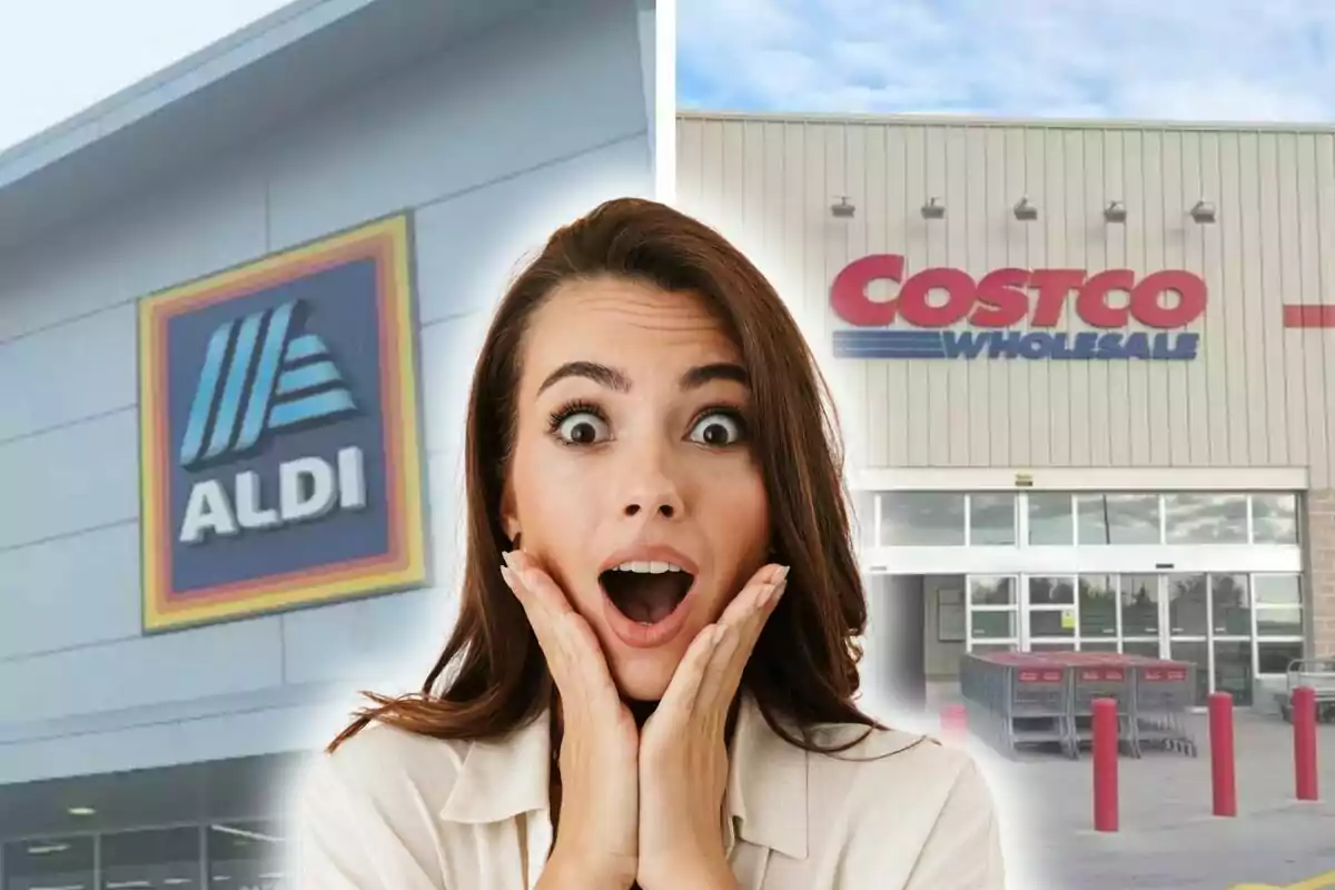 A woman with a surprised expression is in the foreground while in the background the facades of two stores, one of Aldi and the other of Costco, can be seen. A woman with a surprised expression is in the foreground while in the background the facades of two stores, one of Aldi and the other of Costco, can be seen.