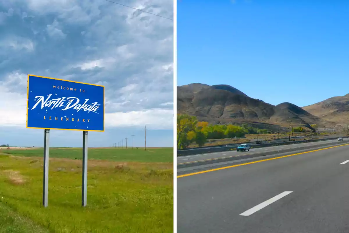 A la izquierda hay un letrero de bienvenida a North Dakota en un campo verde bajo un cielo nublado y a la derecha una carretera junto a colinas áridas y cielo despejado.