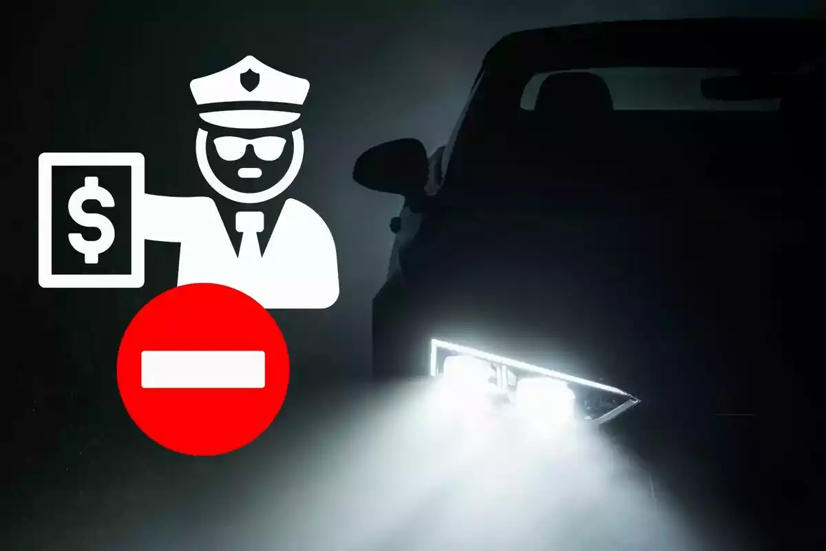 Un coche con un faro LED encendido de noche junto a un ícono de policía con multa y señal de prohibido. Un coche con un faro LED encendido de noche junto a un ícono de policía con multa y señal de prohibido.