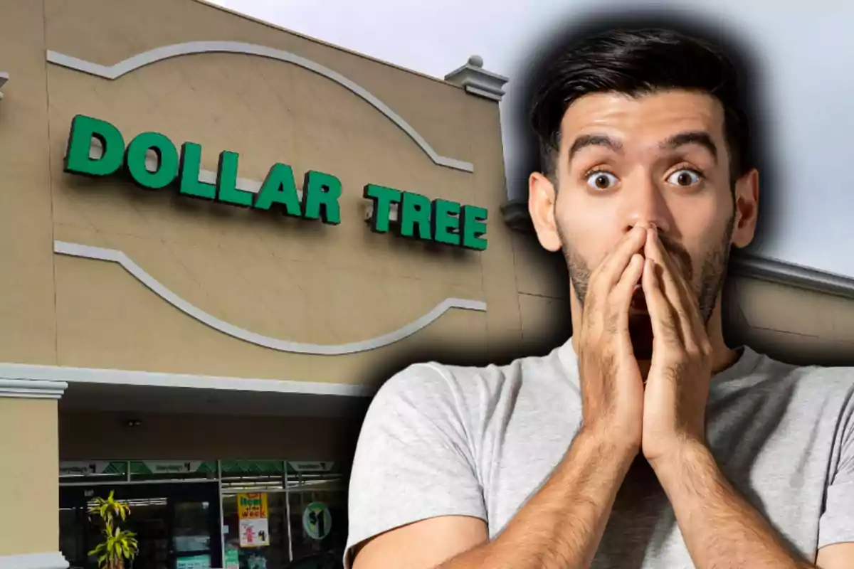Un hombre sorprendido frente a una tienda Dollar Tree.