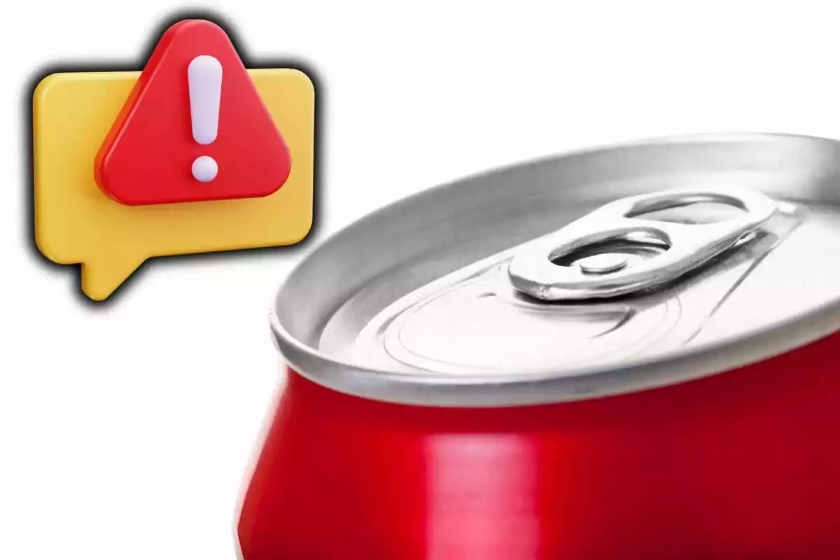 A red soda can with a red triangle warning icon and a white exclamation mark. A red soda can with a red triangle warning icon and a white exclamation mark.
