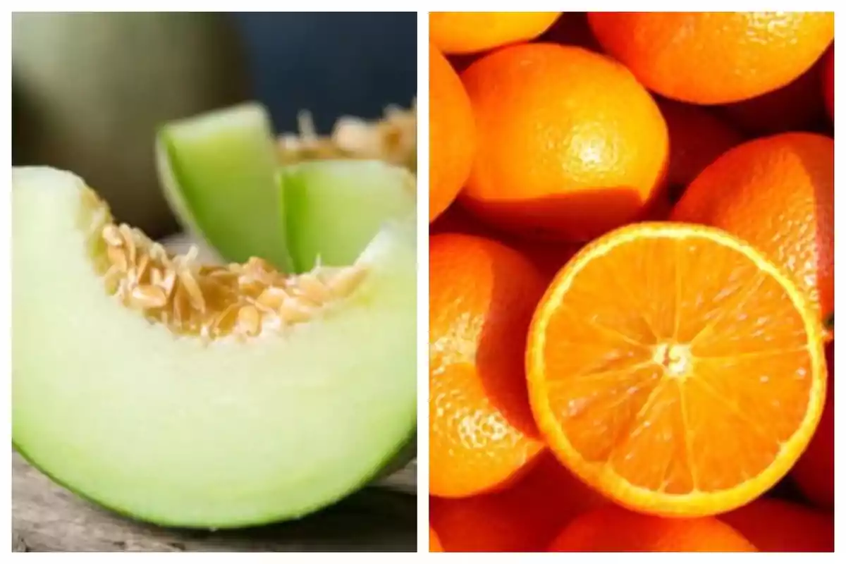 Mitad izquierda con un melón partido mostrando semillas y mitad derecha con varias naranjas y una cortada a la mitad. Mitad izquierda con un melón partido mostrando semillas y mitad derecha con varias naranjas y una cortada a la mitad.