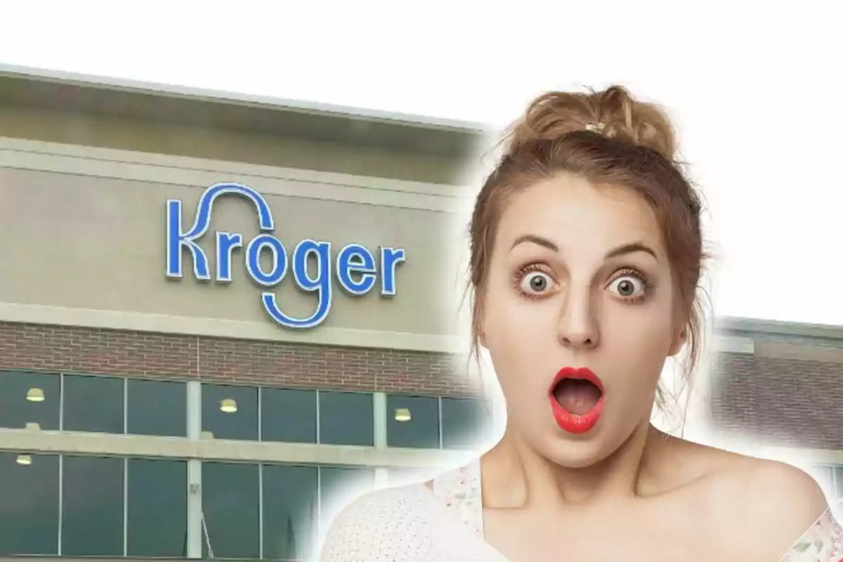 Montaje de fotos de una mujer con expresión de sorpresa frente a una tienda Kroger.
