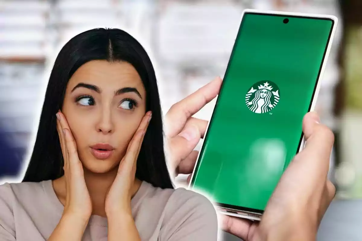 A woman with a surprised expression looking at a mobile phone with the Starbucks logo on the screen. A woman with a surprised expression looking at a mobile phone with the Starbucks logo on the screen.