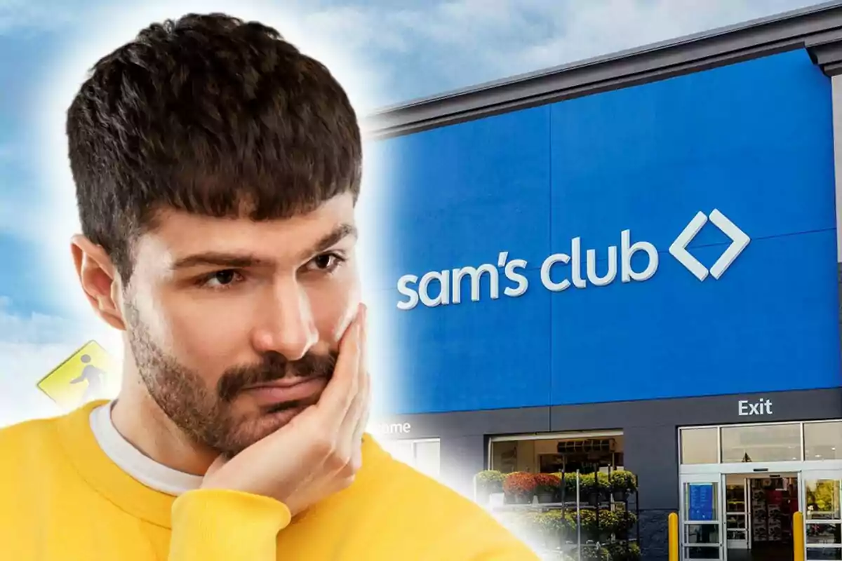 Un hombre pensativo con la mano en la cara frente a un edificio de Sam's Club. Un hombre pensativo con la mano en la cara frente a un edificio de Sam's Club.