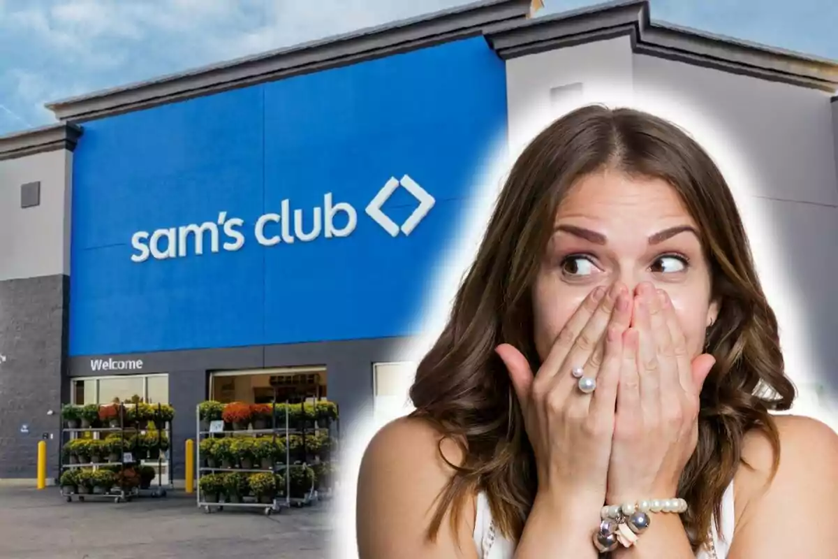 Una mujer sorprendida con las manos en la boca está superpuesta frente a la fachada de una tienda de Sam's Club.