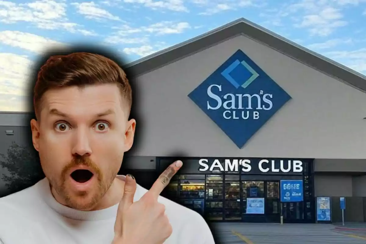 A surprised man points to the entrance of a Sam's Club store. A surprised man points to the entrance of a Sam's Club store.