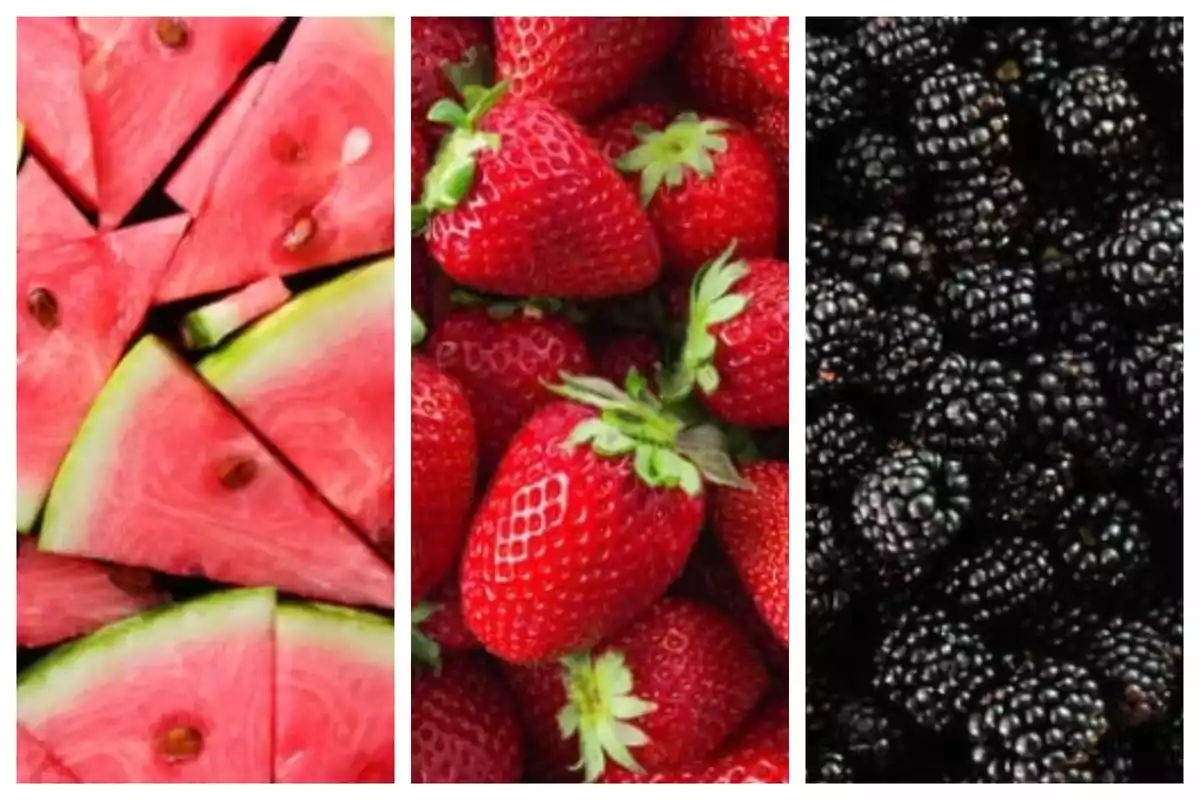 Rebanadas de sandía fresas enteras y zarzamoras agrupadas en una imagen dividida en tres secciones. Rebanadas de sandía fresas enteras y zarzamoras agrupadas en una imagen dividida en tres secciones.